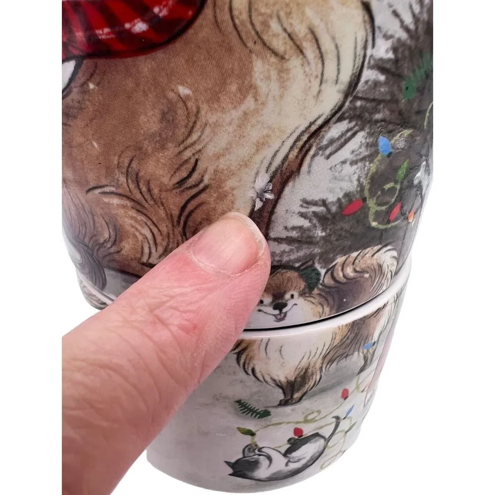 Pier 1 Holiday Christmas Mugs w Stand Basset Hounds Cats Bulldog